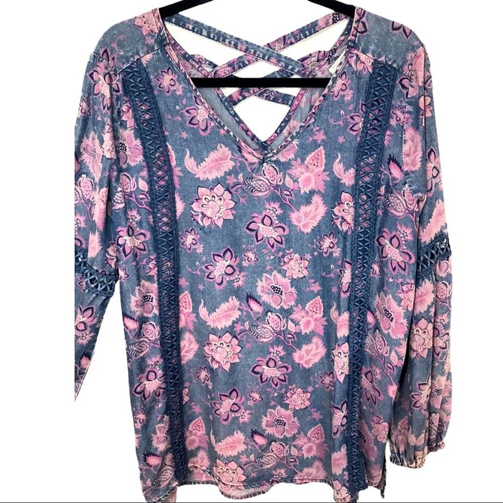 Standard Grace Floral Boho Blouse Chambray Lyocell oversized - Picture 3 of 8